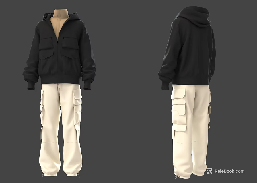 Black Hoodie and Cream Cargo Pants Casual Streetwear Outfit with Front and Back Design 3d model 