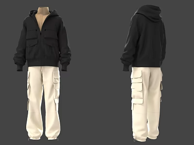 Black Hoodie and Cream Cargo Pants Casual Streetwear Outfit with Front and Back Design 3d model