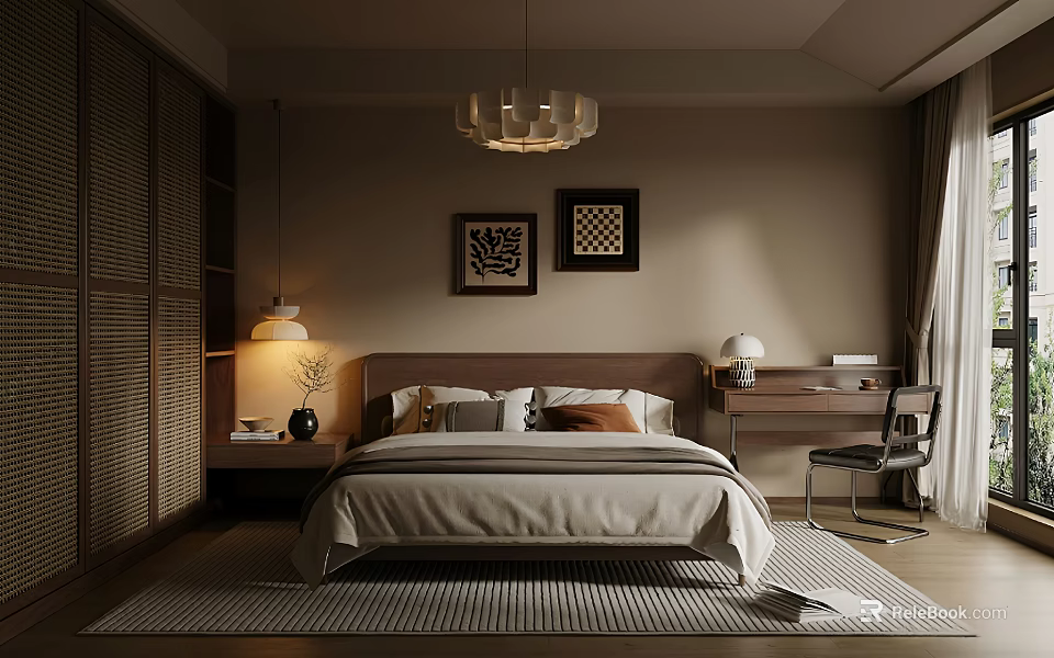 Warm Bedroom Interior Design Featuring Chandelier Wall Paintings Nightstand And Cozy Rug 3d model 