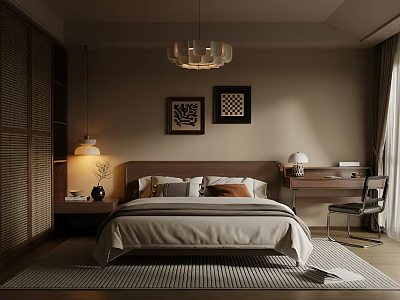 Warm Bedroom Interior Design Featuring Chandelier Wall Paintings Nightstand And Cozy Rug 3d model