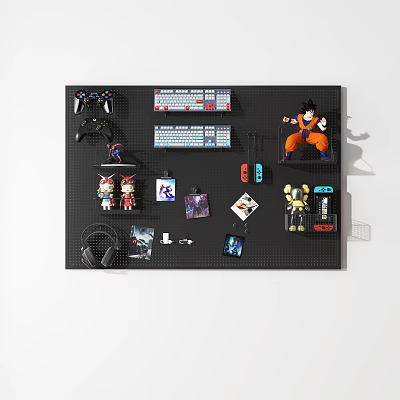 Pegboard Wall Decor with Game Controllers Keyboards Anime Figures Headphones Photos for Gamers Anime Enthusiasts 3d model