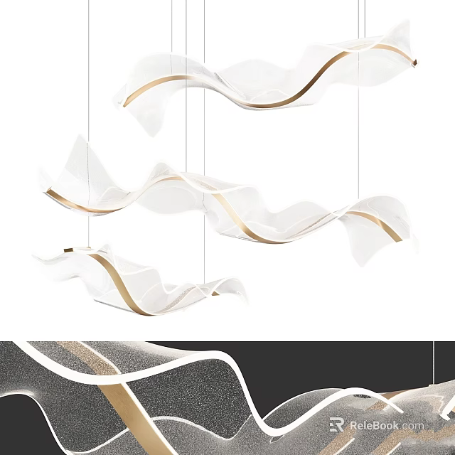 Modern Wave Shaped Chandelier With White Shade And Golden Accents For Interior Decor 3d model 