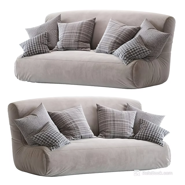 Comfortable Light Gray Bean Bag Sofa With Plaid Pattern Pillows Soft Velvet Material 3d model 