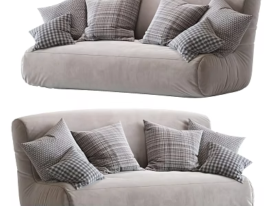 Comfortable Light Gray Bean Bag Sofa With Plaid Pattern Pillows Soft Velvet Material 3d model