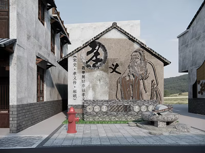 Traditional Chinese Scenic Wall Featuring Relief Sculpture And Chinese Characters In Ancient Architectural Setting 3d model
