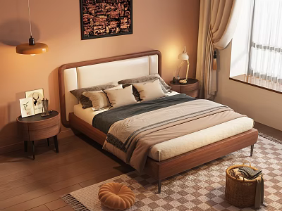 Double Bed with Upholstered Headboard Pillows Striped Bedding Nightstands and Wall Art in Warm Bedroom 3d model