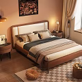 Double Bed with Upholstered Headboard Pillows Striped Bedding Nightstands and Wall Art in Warm Bedroom