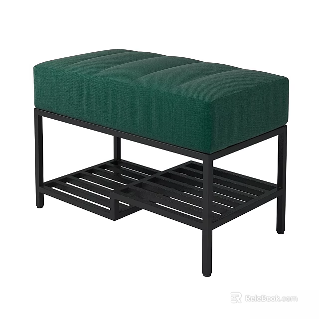 Stylish Entryway Design Featuring Green Upholstered Bench Black Metal Frame And Lower Shelf 3d model 