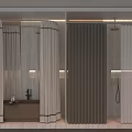 Modern Bathroom Interior Featuring White Shower Curtains With Black Trim And Vertical Blinds