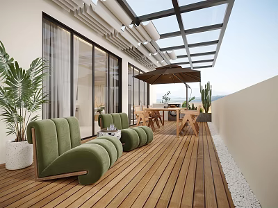 Modern Villa Balcony With Green Sofas Wooden Deck Large Windows And Outdoor Plants 3d model