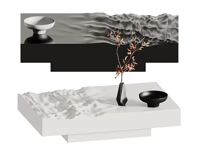 White Coffee Table With Black Vase Twig Branch And Black Bowl On Decorative Wave Texture 3d model