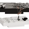 White Coffee Table With Black Vase Twig Branch And Black Bowl On Decorative Wave Texture
