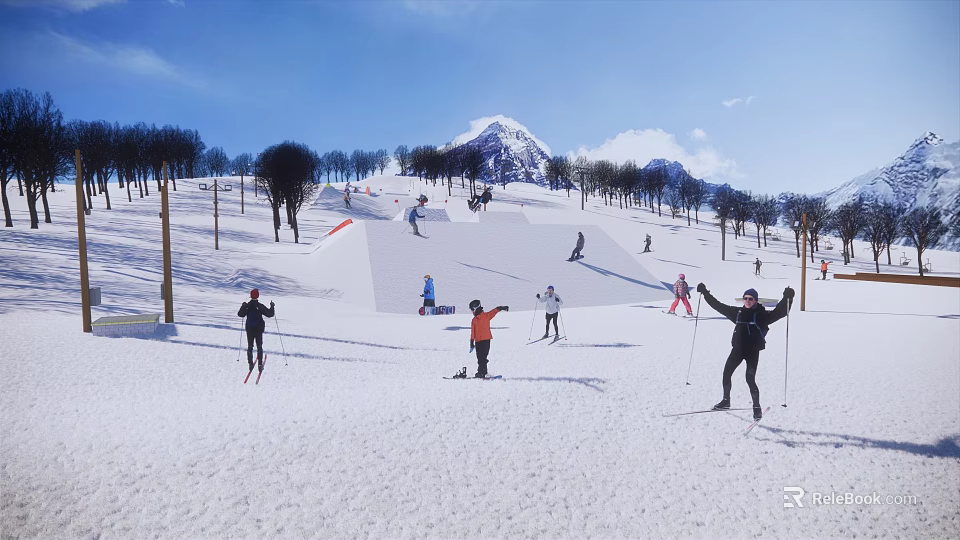 People Enjoying Skiing At Outdoor Ski Resort With Snowy Mountain View For Fitness 3d model 