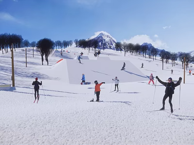 People Enjoying Skiing At Outdoor Ski Resort With Snowy Mountain View For Fitness 3d model