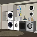Multiple Front Loading Washing Machines In Modern Laundry Room With Cabinets Shelves And Cleaning Supplies