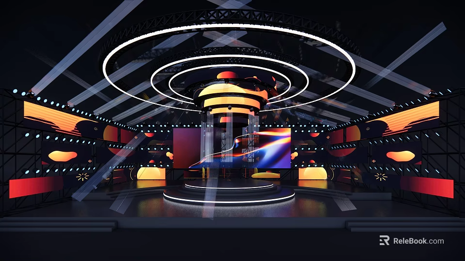 Modern Ballroom Interior with Circular Stage Lighting and Large Screen Decor 3d model