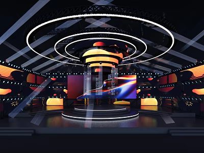Modern Ballroom Interior with Circular Stage Lighting and Large Screen Decor 3d model