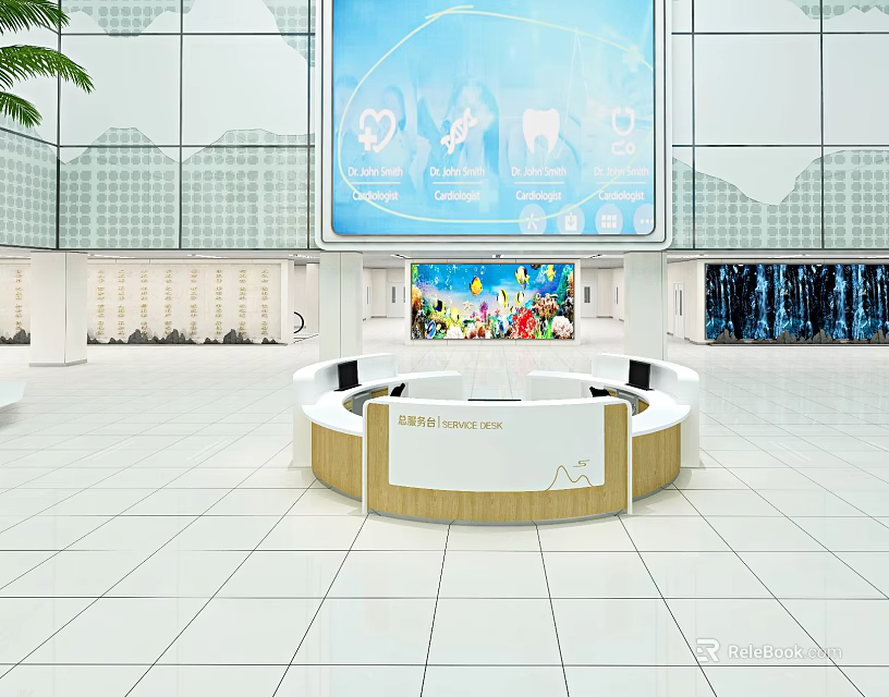 Modern Reception Area With Round Desk And Large Digital Screen 3d model