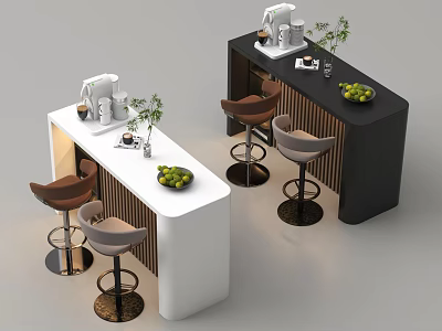 Modern Bar Counter Design With White Black Stools Fruits And Green Plants 3d model