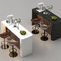 Modern Bar Counter Design With White Black Stools Fruits And Green Plants