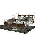 Double Bed With Wooden Headboard Patterned Quilt Brown Blanket And Table Lamps On Checkered Rug