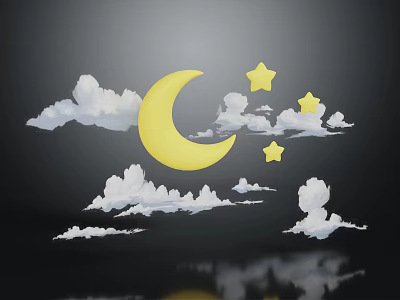 Night Sky Scene With Yellow Crescent Moon White Clouds And Stars 3d model