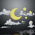 Night Sky Scene With Yellow Crescent Moon White Clouds And Stars