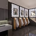 Modern Public Restroom Interior Design With Decorative Windows Shiny Tiled Floor And Stalls