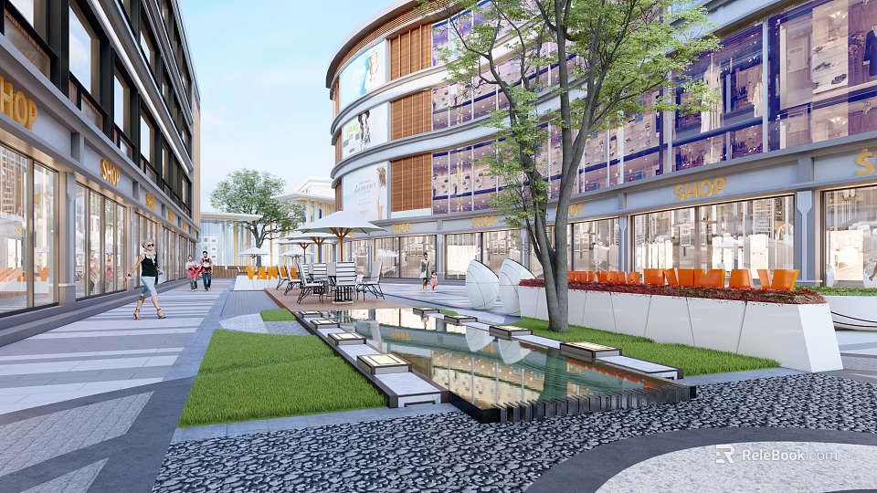 Modern Commercial Street with Contemporary Architecture Trees Water Features and Orange Seating Areas 3d model 