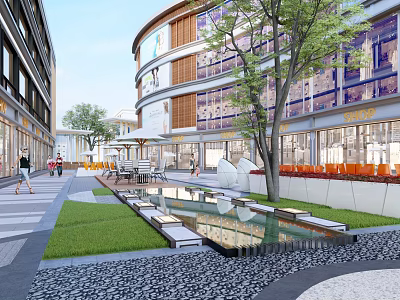 Modern Commercial Street with Contemporary Architecture Trees Water Features and Orange Seating Areas 3d model