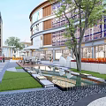 Modern Commercial Street with Contemporary Architecture Trees Water Features and Orange Seating Areas