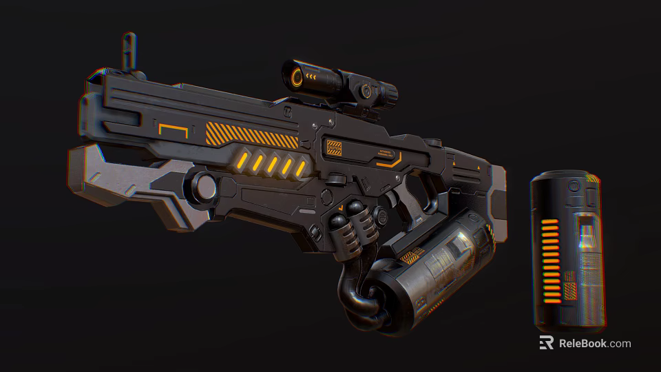Black And Yellow Sci Fi Weapon With Scope And Mechanical Ammunition Cylinder 3d model 