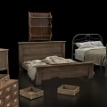 Vintage Furniture Set With Iron Bed Wooden Dresser Shelf Table And White Bowls