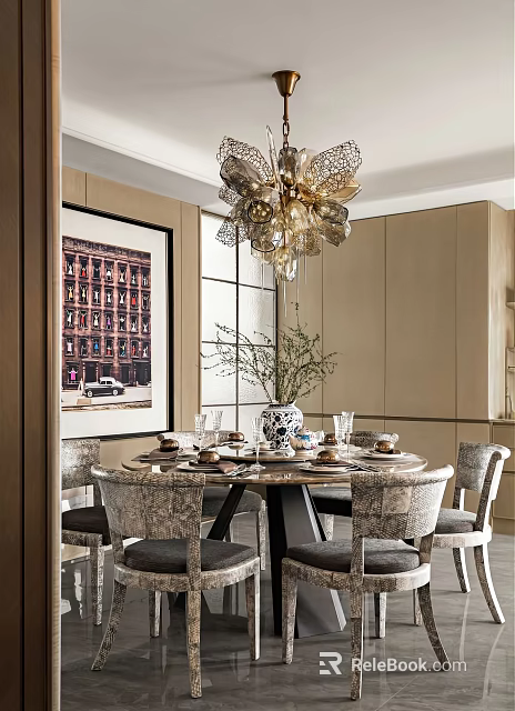 Elegant Modern Restaurant Interior With Round Dining Table Chandelier And Decorative Artwork 3d model 