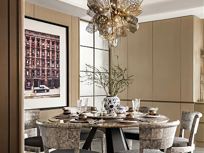 Elegant Modern Restaurant Interior With Round Dining Table Chandelier And Decorative Artwork 3d model