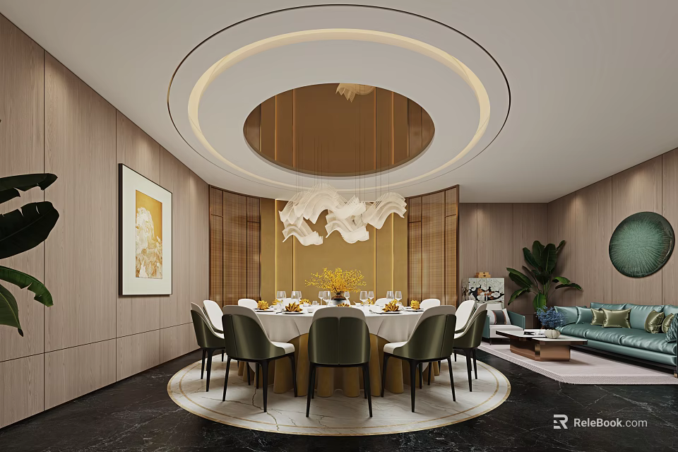 Elegant Modern Private Dining Room With Golden Circular Ceiling White Chandelier And Round Table 3d model 