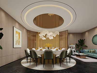 Elegant Modern Private Dining Room With Golden Circular Ceiling White Chandelier And Round Table 3d model