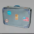Blue Vintage Suitcase Decorated With Colorful Stickers Shibuya Label And Cartoon Character