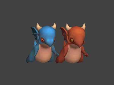 Cute Game Cartoon Dragon Characters Blue And Orange With Small Horns Wings Big Eyes 3d model