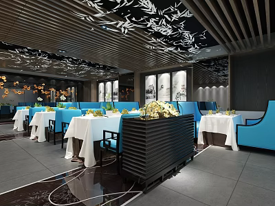 Modern Restaurant Interior With Blue Chairs White Tablecloths Ceiling Patterns And Wall Art 3d model