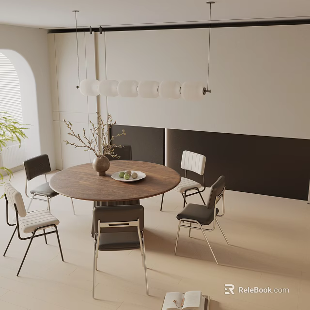 Modern Round Wooden Dining Table Set With Chairs Vase And Pendant Lights 3d model 