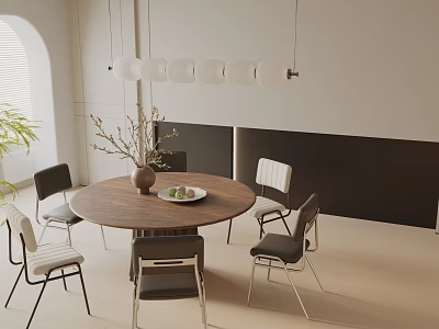 Modern Round Wooden Dining Table Set With Chairs Vase And Pendant Lights 3d model