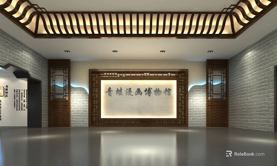 Frog Cartoon Museum Interior With Chinese Style Wooden Structure And Traditional Decorations 3d model 