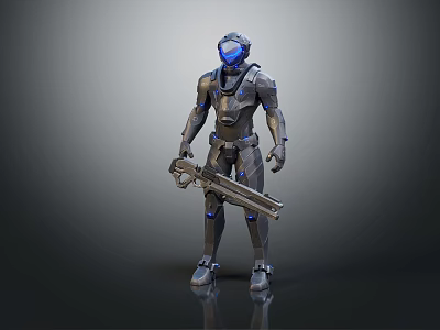 Futuristic Armored Character With Detailed Mechanical Armor And Blue Visor Holding Large Weapon 3d model
