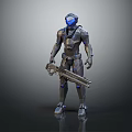 Futuristic Armored Character With Detailed Mechanical Armor And Blue Visor Holding Large Weapon