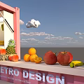 Pink Fruit Stall with Fresh Fruits Cloud Decor Side Table and Stools 3d model