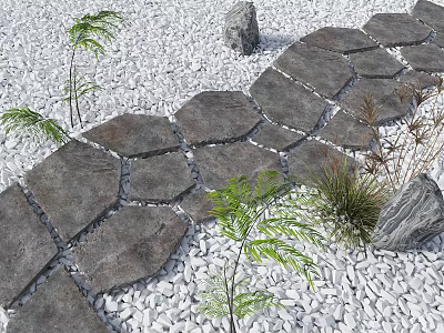 Stepping Stones Pathway With White Pebbles And Green Plants In Natural Garden 3d model