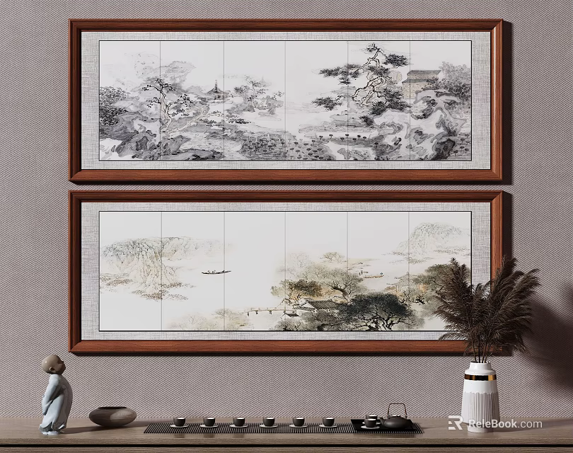 Traditional Chinese Landscape Paintings Brown Wooden Framed With Mountain Water Trees Boats Teacups And Vase 3d model 