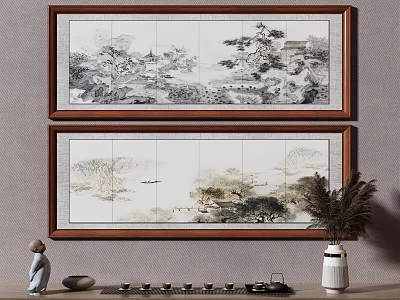 Traditional Chinese Landscape Paintings Brown Wooden Framed With Mountain Water Trees Boats Teacups And Vase 3d model