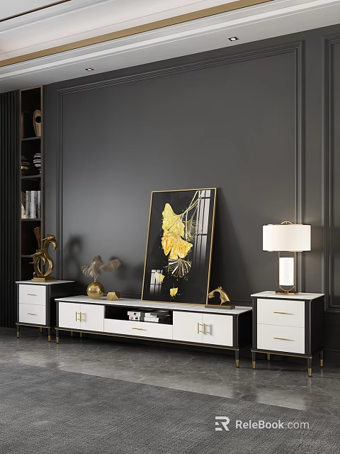 Elegant TV Wall Background with Black Wall Golden Leaf Painting and White Gold Cabinets 3d model 